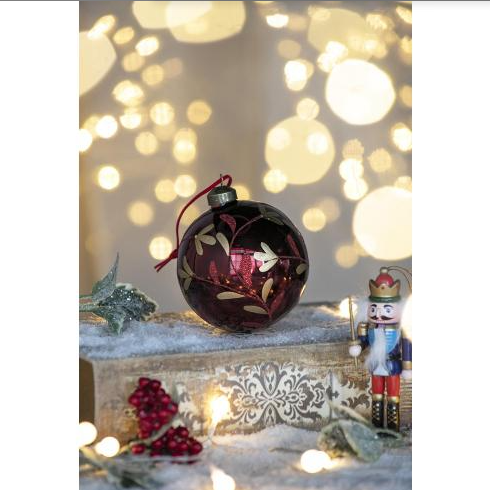 Red Glass Christmas Ball Ornaments, Set of 6 - 3.9" Hand-Painted Leaf Design Hanging Tree Baubles
